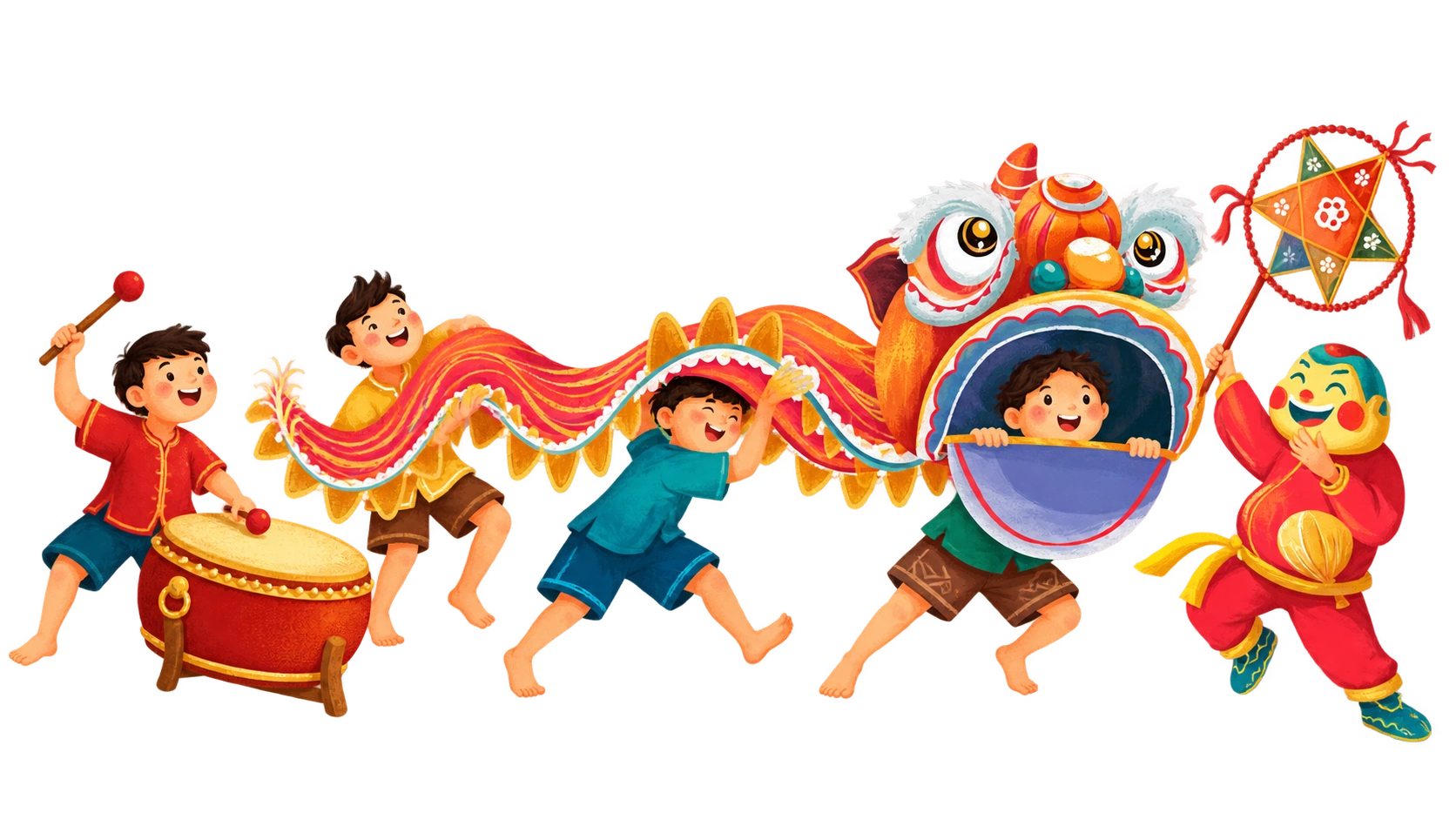 Trẻ em Việt Nam múa lân, đánh trống và rước đèn dưới trăng