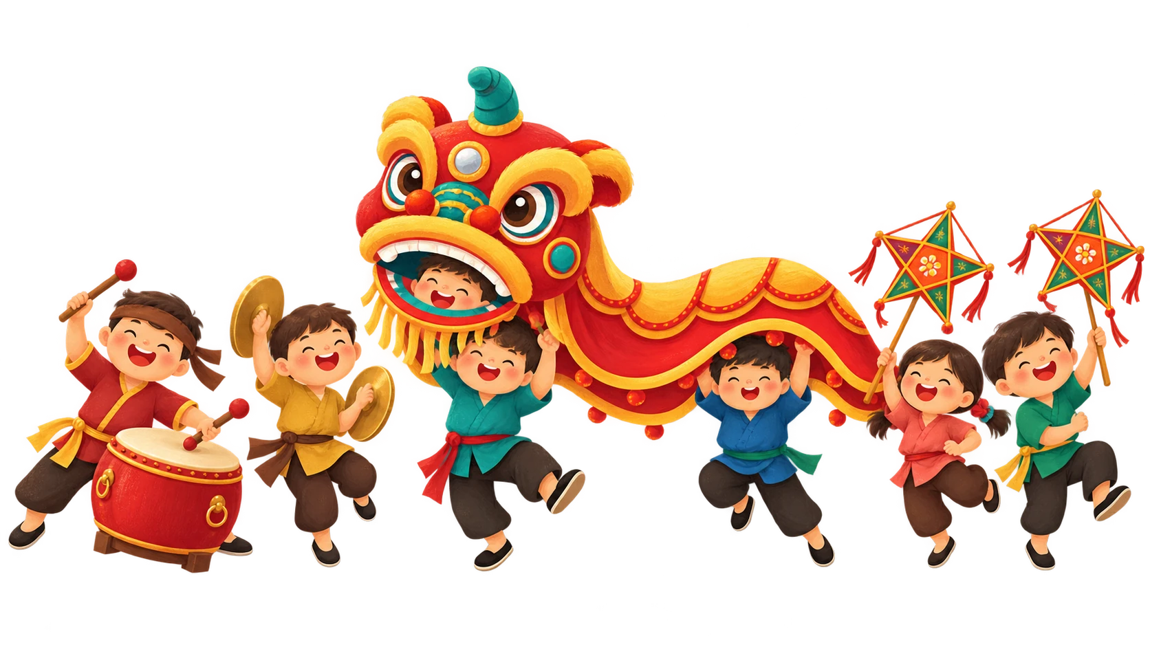 Đoàn trẻ em vui múa lân, đánh trống và rước đèn dưới trăng